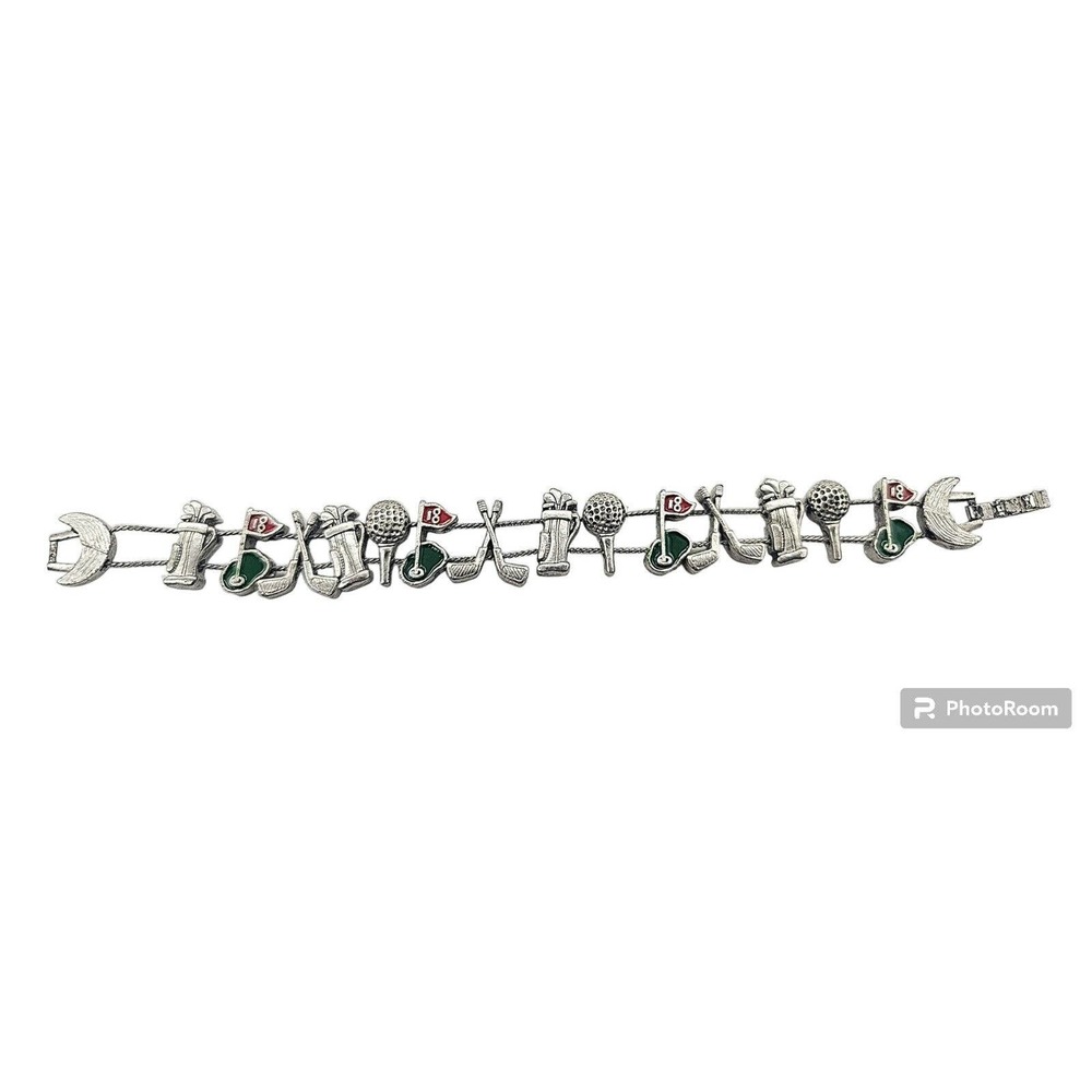 Vtg Golf Charm Bracelet Double Slider Chain 7.5" Bag Clubs Ball Tee 18 Hole M7